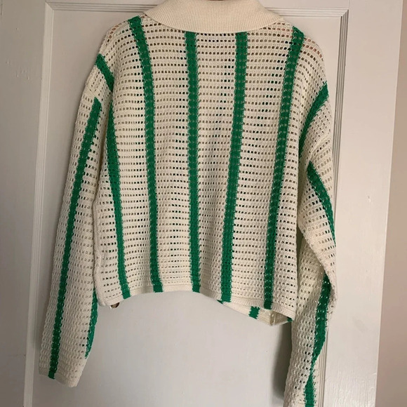 Women's Ivory Green Stripe Crochet Button-Down Sweater - NWOT - Picture 5 of 9